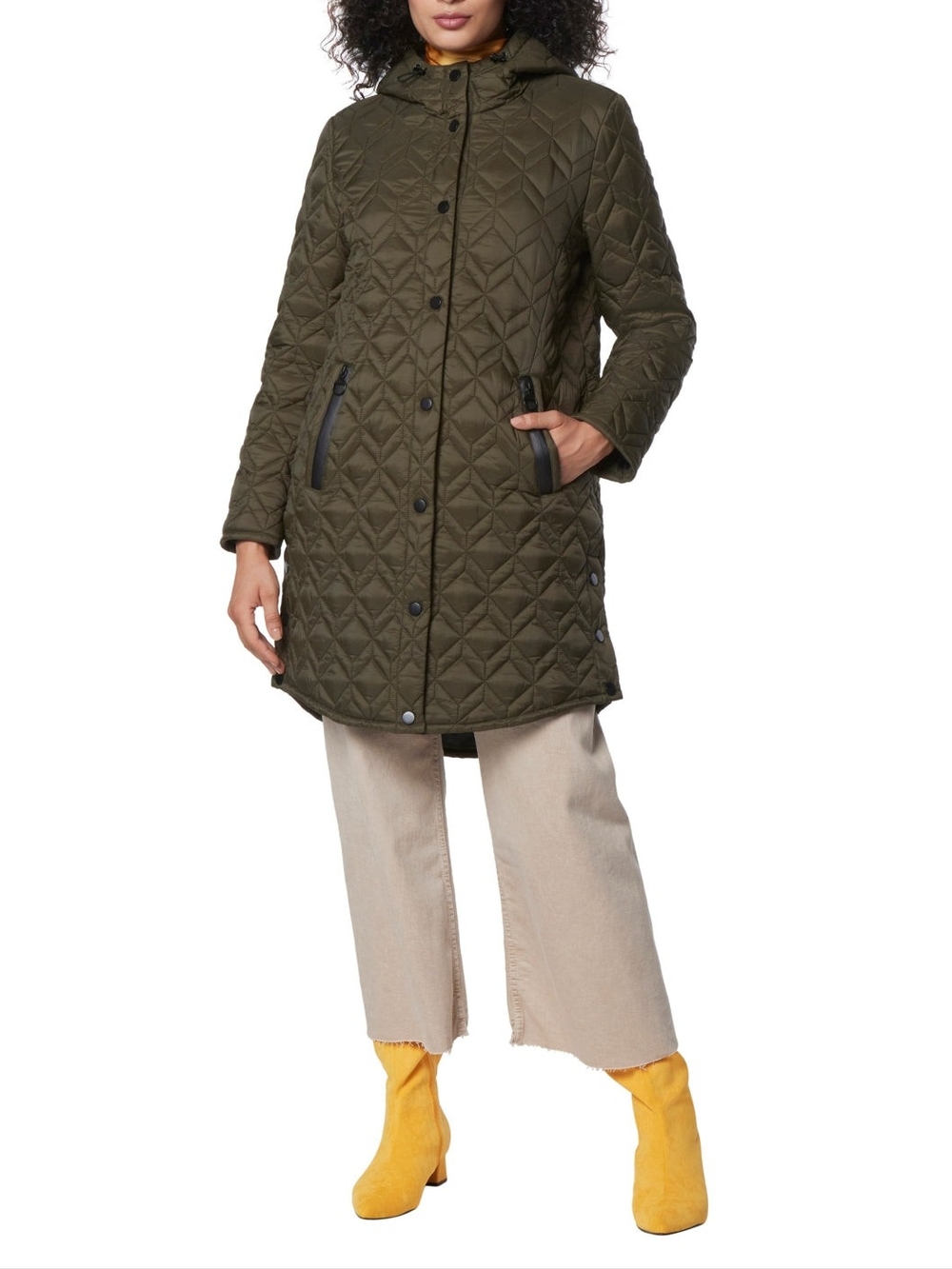 Long Quilted Hooded Puffer Coat in Olive